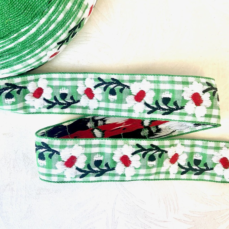 Floral Embroidered Gingham Cotton Ribbon - Vintage - Multiple Colorways