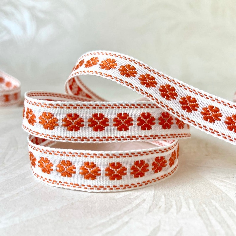 Floral Jacquard Cotton Tape-Orange on White