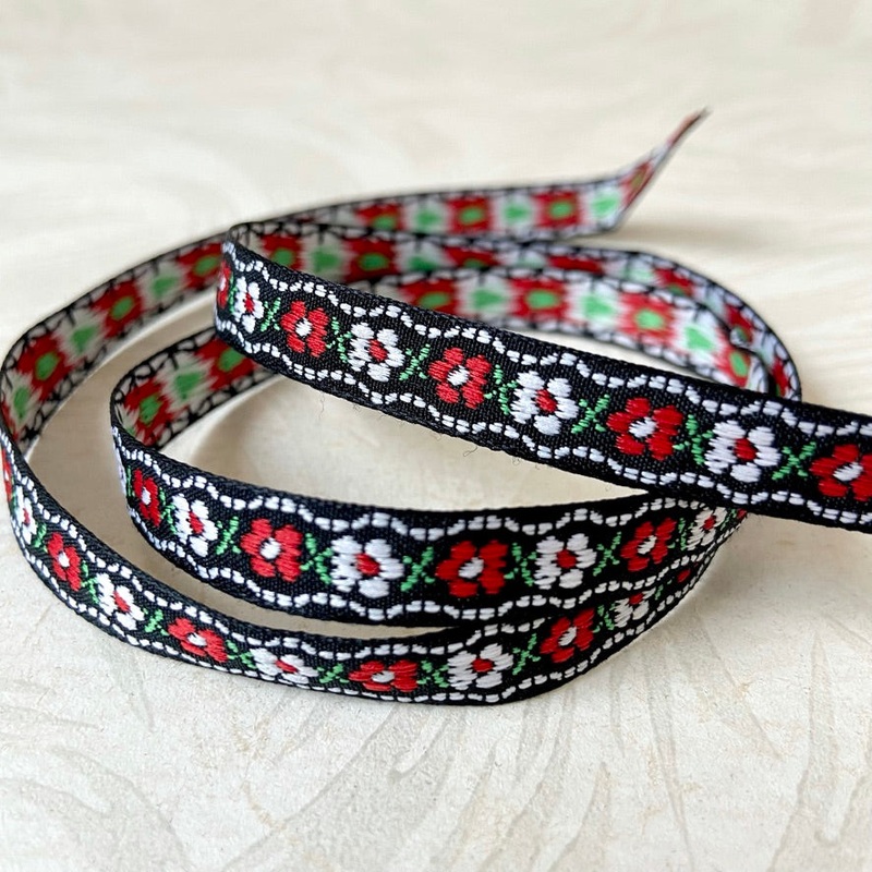 Floral Jacquard-Red & White on Black