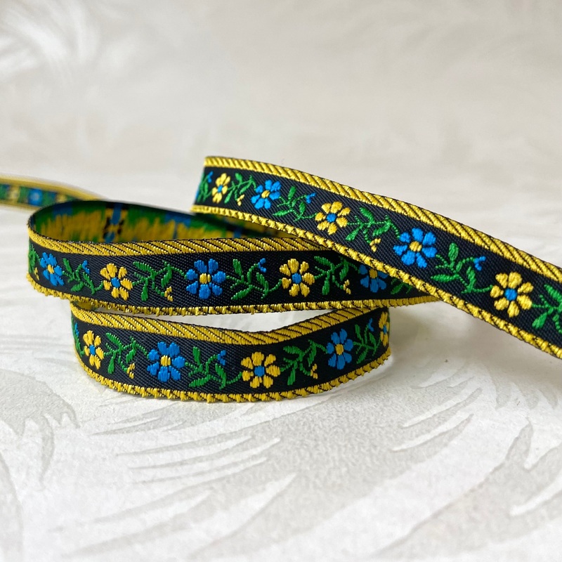 Narrow Floral Jacquard-Blue & Gold on Black-By the Yard & 100 Yard Roll