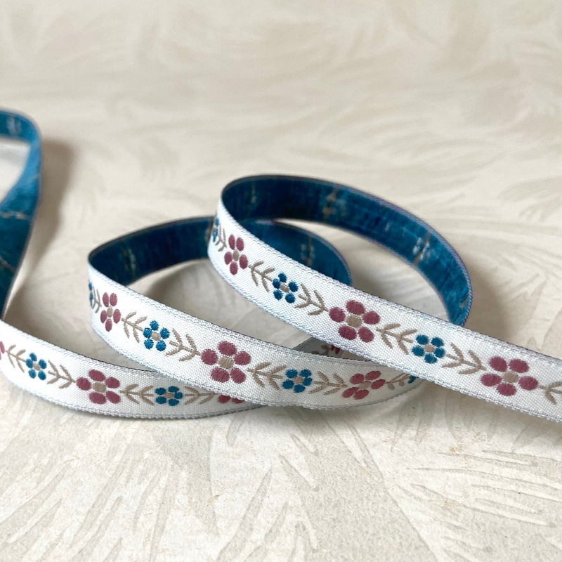 Narrow Floral Jacquard-Dusty Rose & Blue on Light Gray-By the Yard & 100 Yard Roll