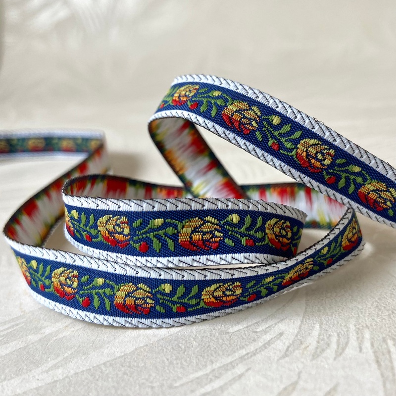 Narrow Floral Jacquard-Red & Yellow on Navy-By the Yard & 100 Yard Roll