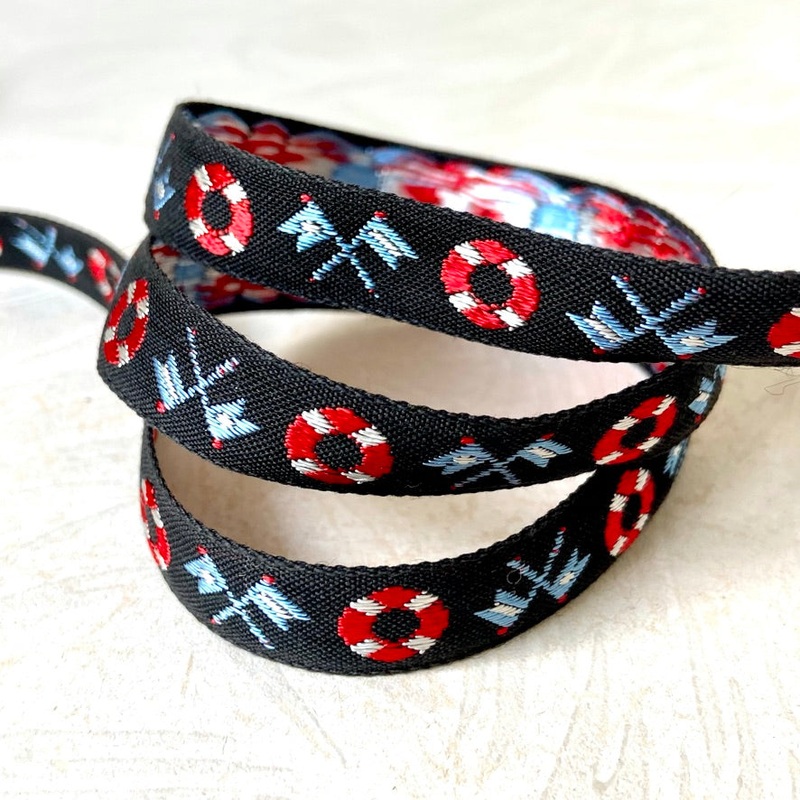 Nautical Jacquard - Vintage-Red & Blue on Black-By the Yard & 36 Yard Roll