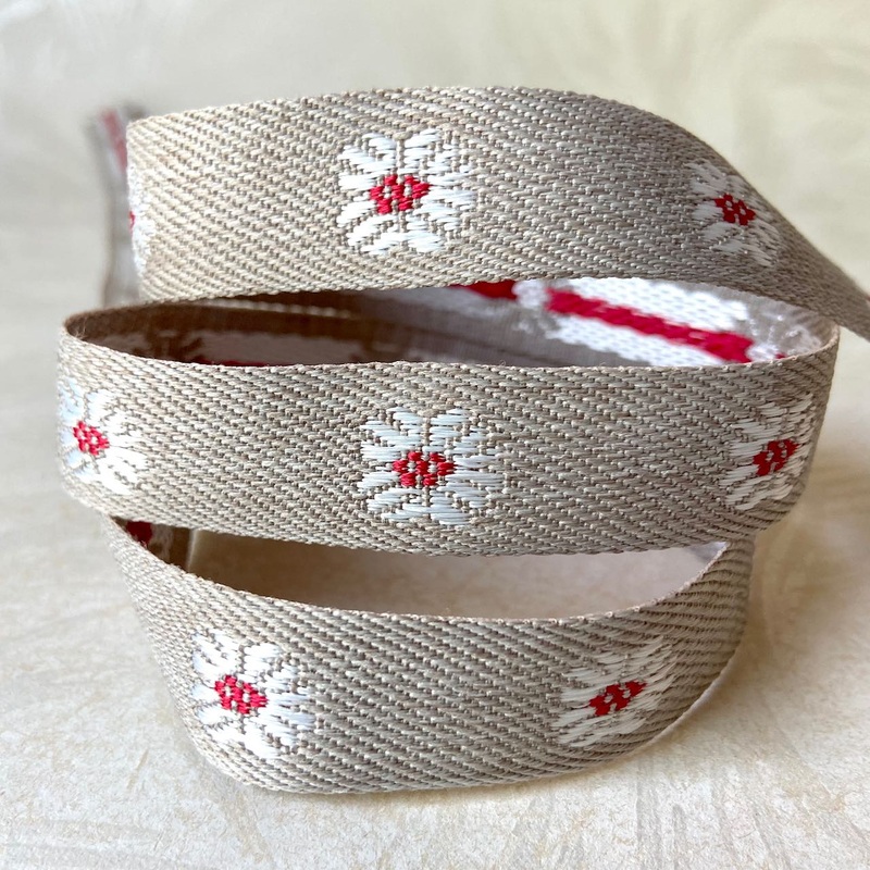 White Flowers on Natural Linen Ribbon