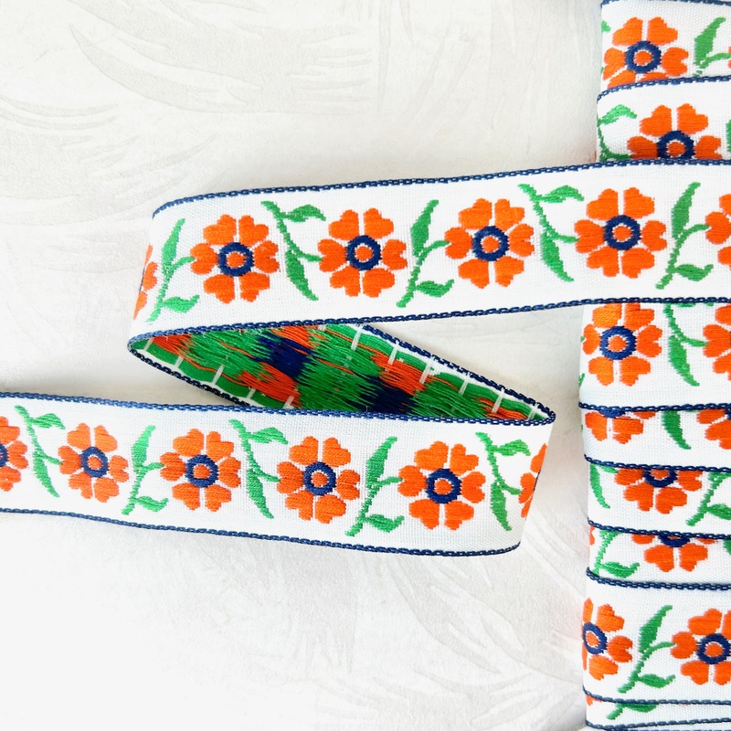 Floral Jacquard-Orange & Navy on White