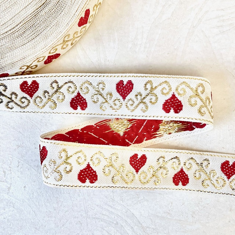 Metallic Heart Jacquard-Red & Gold on Cream-By the Yard & 36 Yard Roll