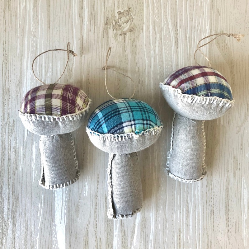 Plaid Mushroom Ornaments-Wine & Green Plaid & Blue & Red Plaid & Blue & White Plaid