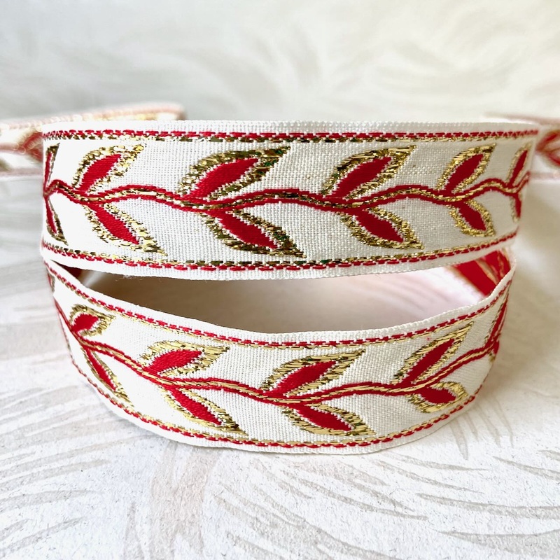 Red & Gold Metallic Leaf Jacquard