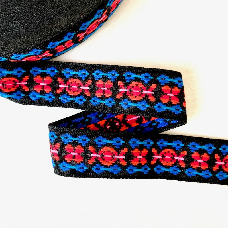 Chunky X & Circles Jacquard-Red & Blue on Black-By the Yard & 36 Yard Roll