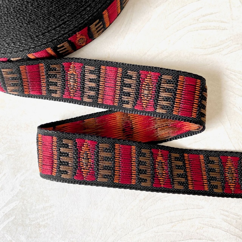 Native Jacquard-Maroon, Orange, Brown on Black-By the Yard & 36 Yard Roll