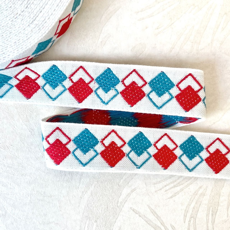 Retro Diamond Jacquard-Red & Aqua on White-By the Yard & 36 Yard Roll