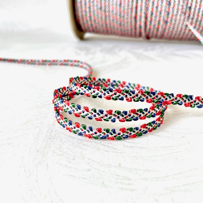 Skinny Picot Edge Flat Braid-Blue, Red, Green on White-By the Yard & 432 Yard Roll