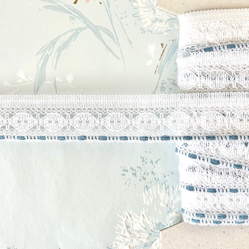 Cluny Lace With Insert-White & Blue-By the Yard & 25 Yard Board