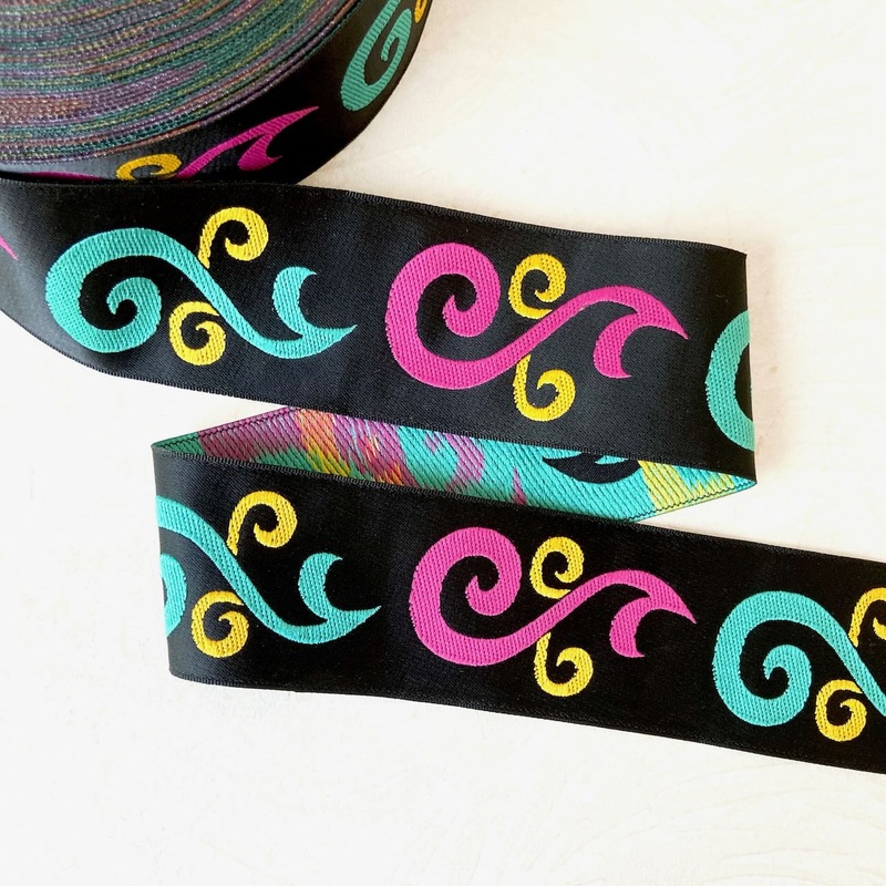 Swirls Jacquard-Fuchsia & Turquoise on Black-By the Yard & 150 Yard Roll