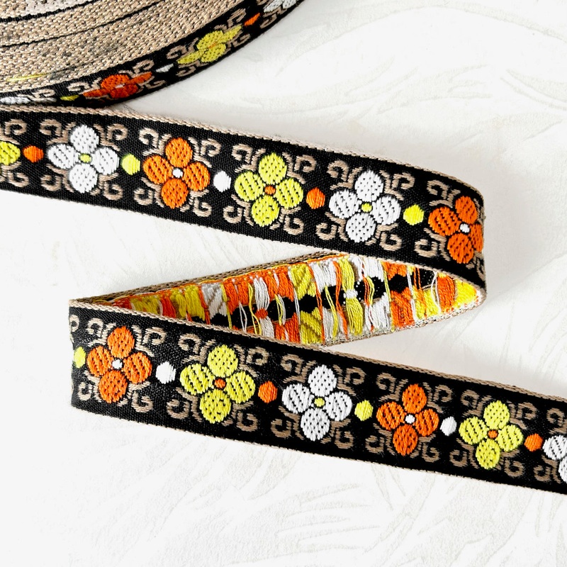 Floral Jacquard-Orange, Yellow & White on Black
