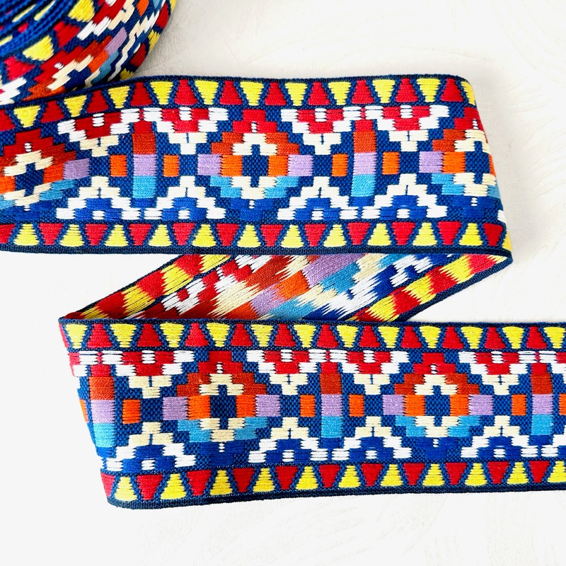 Geometric Jacquard-Red, Yellow & Orange on Blue