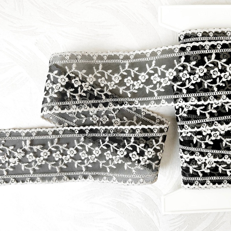 Embroidered Sheer Lace-Off-White on Black-By the Yard & 36 Yard Board