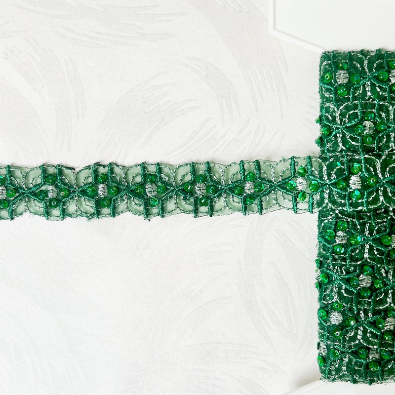 Green Goddess Sheer Sequin & Beaded Trim - Vintage