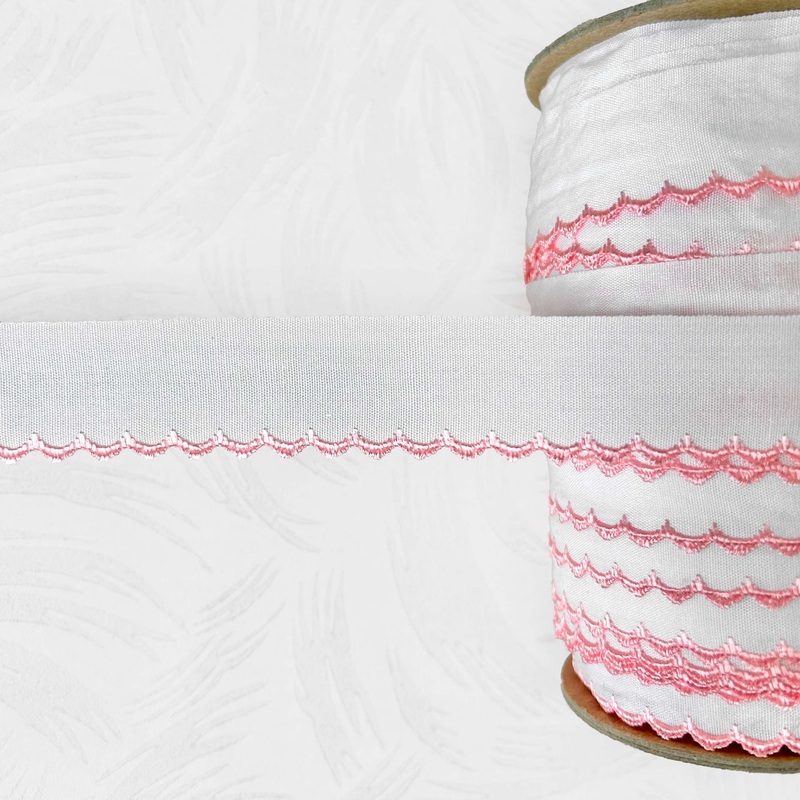 Embroidered Cotton Edging-Pink & White-By the Yard & 50 Yard Roll