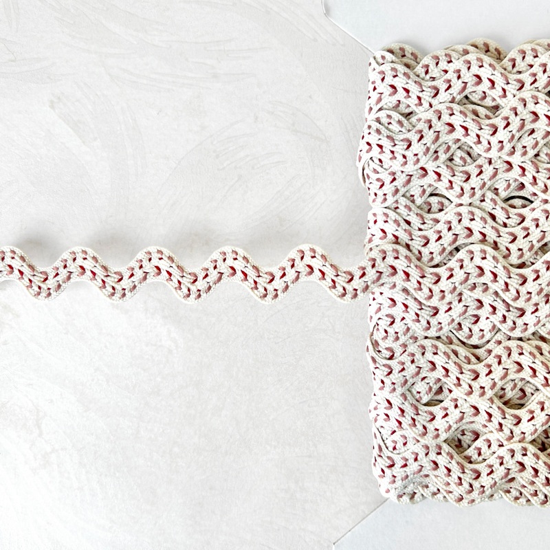 Feather Stitch Rick Rack-Burgundy & Tan on Ivory