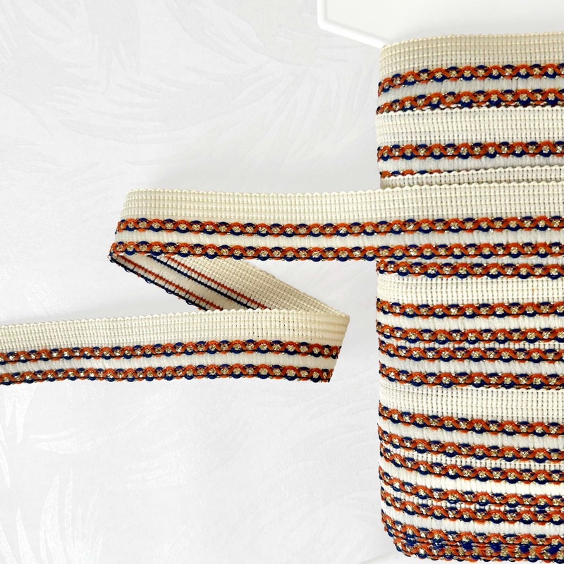Metallic Wave Edging Braid-Rust & Navy on Ivory