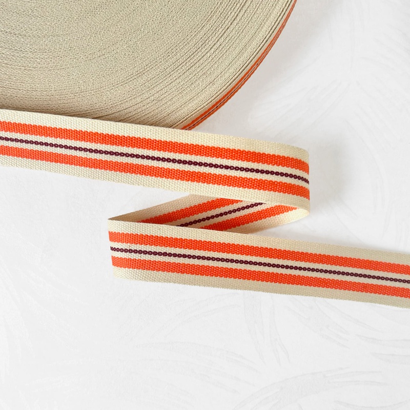 Multi Stripe Twill Tape-Orange & Burgundy on Cream-By the Yard & 72 Yard Roll