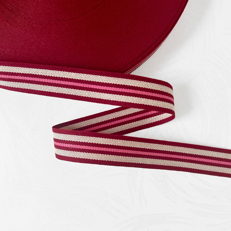 Multi Stripe Twill Tape-Pink & Beige on Maroon-By the Yard & 72 Yard Roll