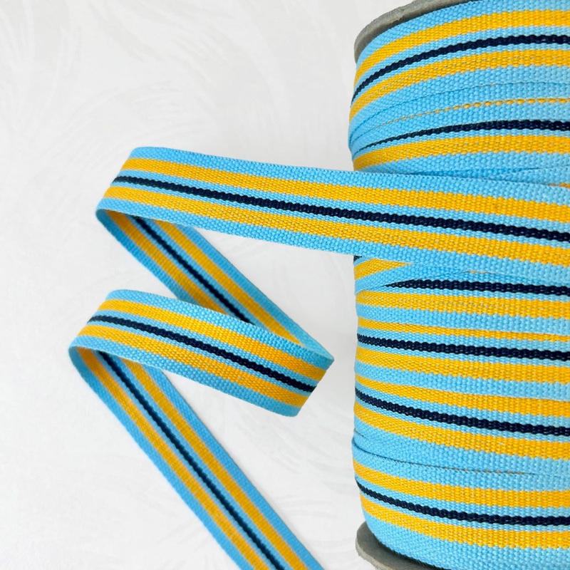 Striped Cotton Tape-Gold & Dark Navy on Light Blue-By the Yard & 144 Yard Roll