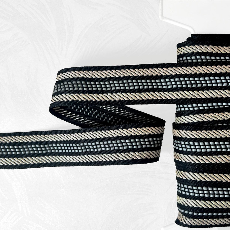 Woven Decorative Strap Braid-Light Tan & Reflective Gray on Black