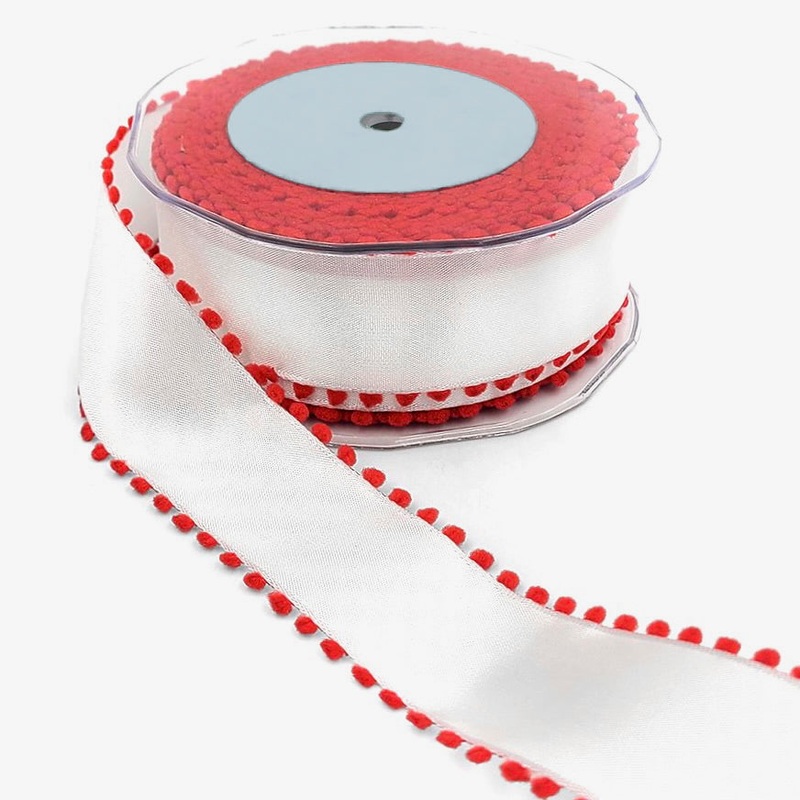 Pom-Pom Edge Taffeta Ribbon-White & Red