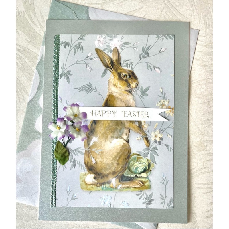 Rabbit with Flowers - Handmade Greeting Card