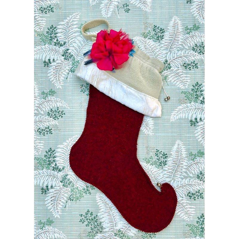 Vintage Wool Stockings - Pale Green on Burgundy with Silk flower