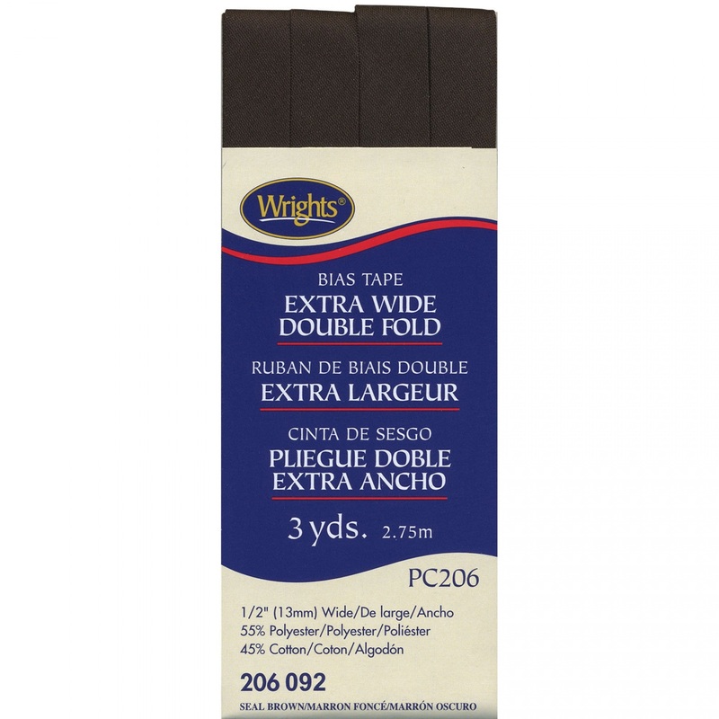 Wrights Extra Wide Double Fold Bias Tape 1/2 x 3 yds, 13mm, Seal Brown #092