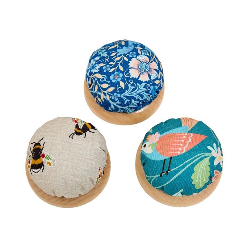 Wooden Base Pincushion-Bees on Beige & Blue Floral & Birds on Green